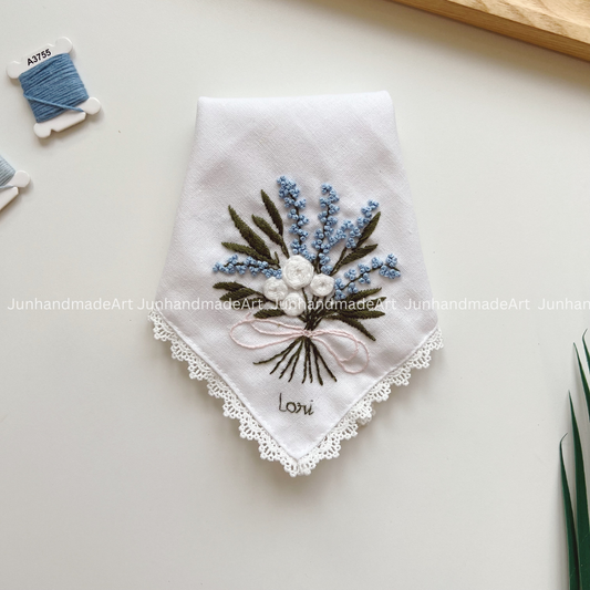 White and Green Flower Bouquet Handkerchief, Custom Embroidered Handkerchief, Linen Handkerchiefs