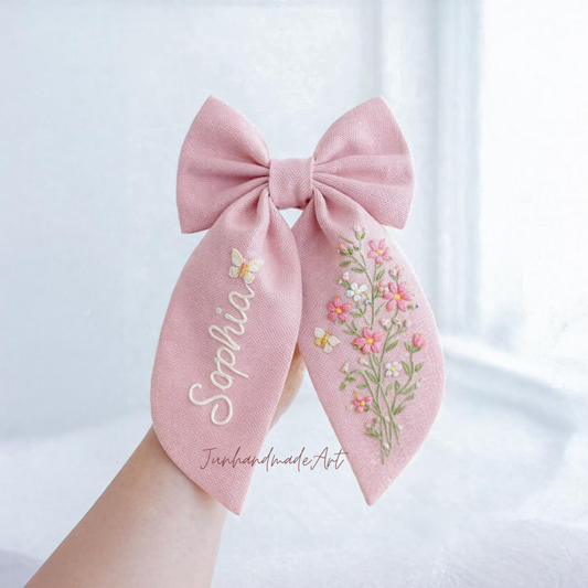 Personalized Linen Hair Bow – Hand Embroidered Flower Bow with Initial – Custom Name Text Bow for Girls, Handmade Hairpin Bow for Girl