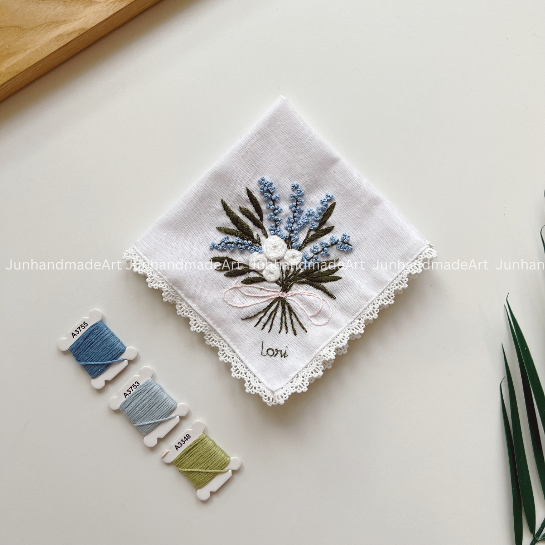 White and Green Flower Bouquet Handkerchief, Custom Embroidered Handkerchief, Linen Handkerchiefs