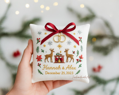 Personalized Embroidered Ring Bearer Pillow, Christmas Linen Wedding Cushion, Hand Embroidery Ring Holder Floral Ring Pillow, Christmas Gift