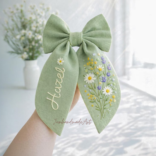Personalized Linen Hair Bow – Hand Embroidered Flower Bow with Initial – Custom Name Text Bow for Girls, Handmade Hairpin Bow for Girl