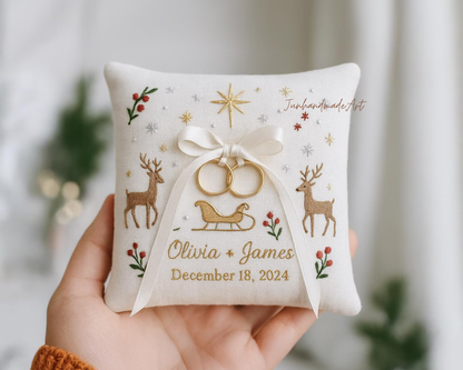 Personalized Embroidered Ring Bearer Pillow, Christmas Linen Wedding Cushion, Hand Embroidery Ring Holder Floral Ring Pillow, Christmas Gift