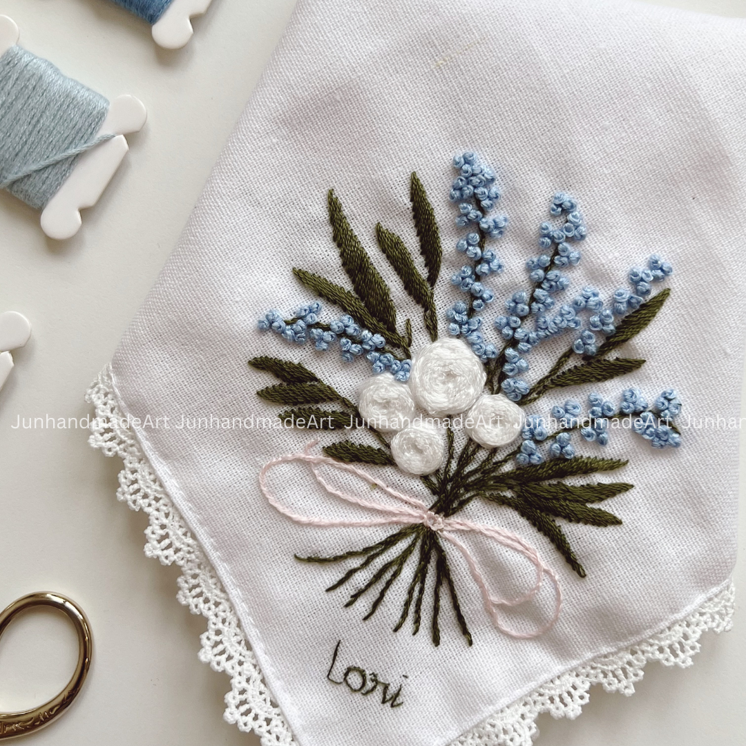 White and Green Flower Bouquet Handkerchief, Custom Embroidered Handkerchief, Linen Handkerchiefs