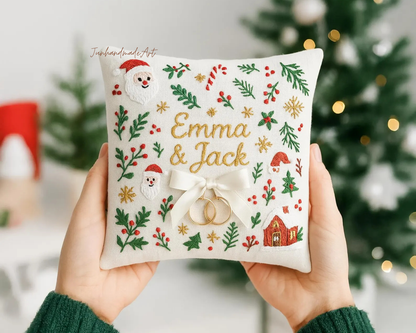 Personalized Embroidered Ring Bearer Pillow, Christmas Linen Wedding Cushion, Hand Embroidery Ring Holder Floral Ring Pillow, Christmas Gift
