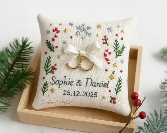 Personalized Embroidered Ring Bearer Pillow, Christmas Linen Wedding Cushion, Hand Embroidery Ring Holder Floral Ring Pillow, Christmas Gift