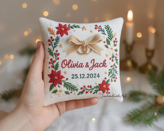 Personalized Embroidered Ring Bearer Pillow, Christmas Linen Wedding Cushion, Hand Embroidery Ring Holder Floral Ring Pillow, Christmas Gift