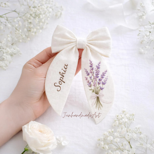 Personalized Linen Hair Bow – Hand Embroidered Flower Bow with Initial – Custom Name Text Bow for Girls, Handmade Hairpin Bow for Girl