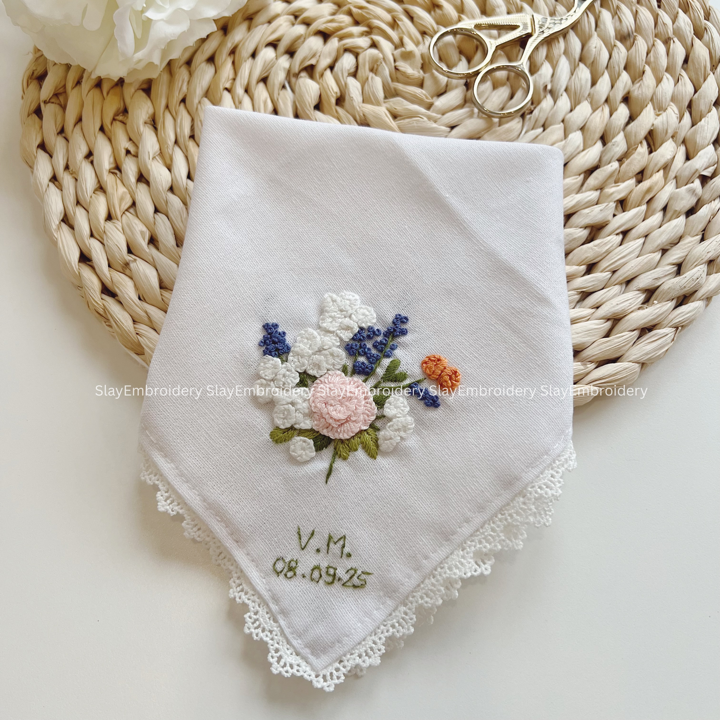 Soft Garden Wedding Handkerchief, Custom Embroidered Handkerchief, Linen Handkerchiefs