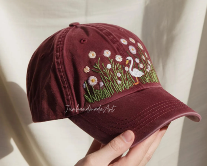 Embroidered Flower Hat – Vintage Washed Baseball Cap, Floral Cotton Hat, Soft Aesthetic Gift for Her