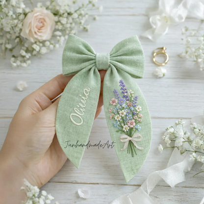Personalized Linen Hair Bow – Hand Embroidered Flower Bow with Initial – Custom Name Text Bow for Girls, Handmade Hairpin Bow for Girl