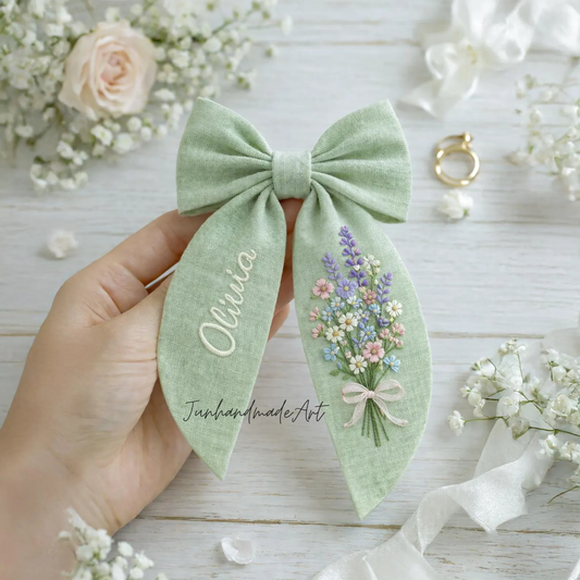 Personalized Linen Hair Bow – Hand Embroidered Flower Bow with Initial – Custom Name Text Bow for Girls, Handmade Hairpin Bow for Girl