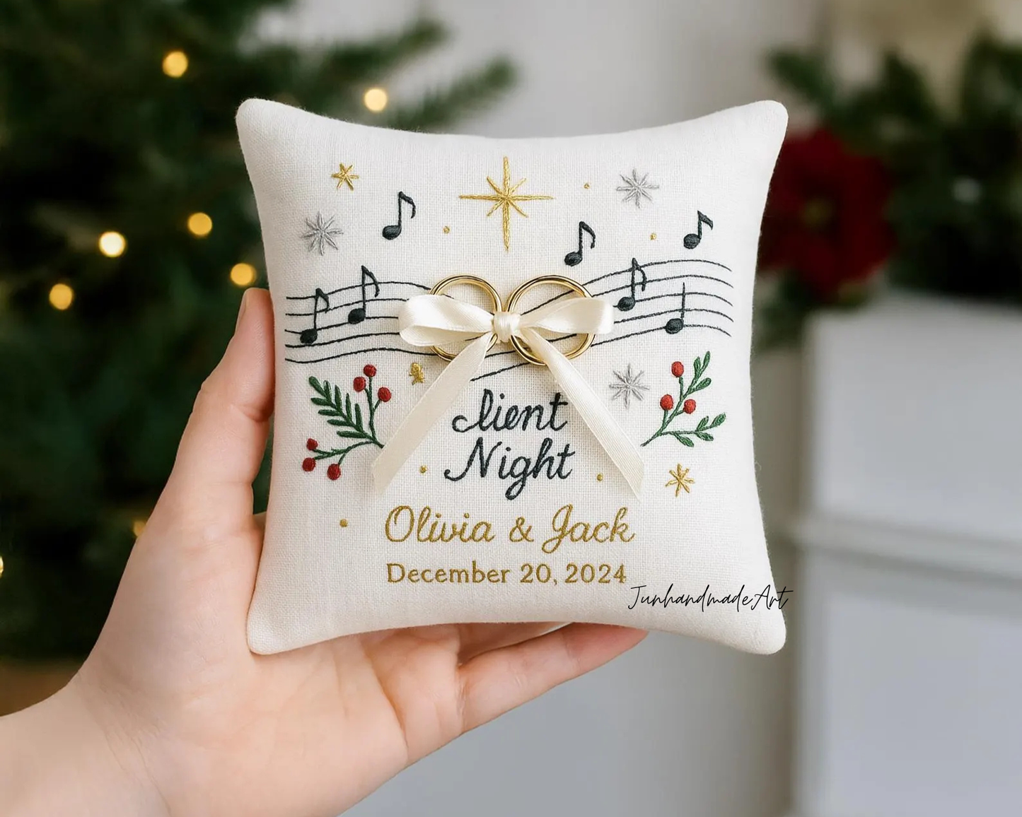 Personalized Embroidered Ring Bearer Pillow, Christmas Linen Wedding Cushion, Hand Embroidery Ring Holder Floral Ring Pillow, Christmas Gift