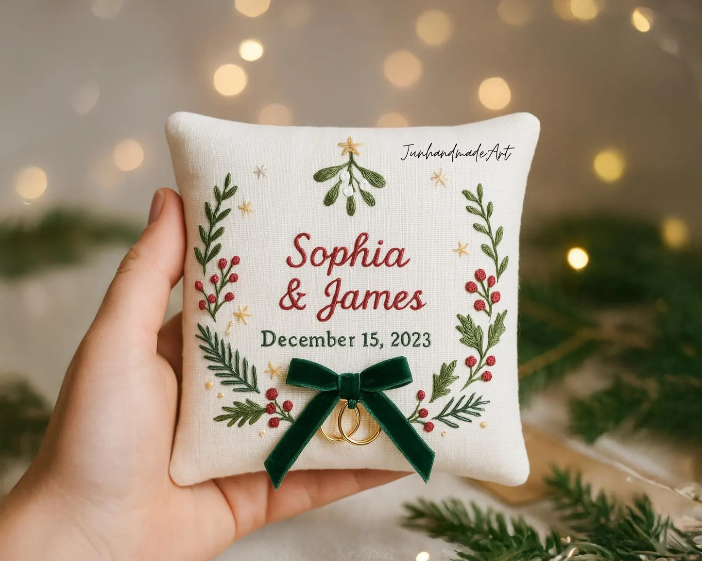 Personalized Embroidered Ring Bearer Pillow, Christmas Linen Wedding Cushion, Hand Embroidery Ring Holder Floral Ring Pillow, Christmas Gift