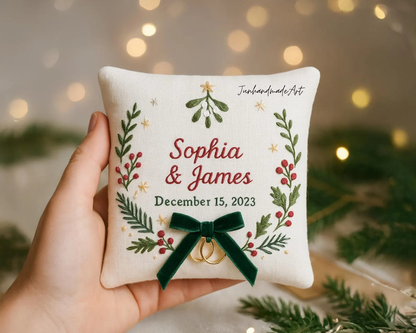 Personalized Embroidered Ring Bearer Pillow, Christmas Linen Wedding Cushion, Hand Embroidery Ring Holder Floral Ring Pillow, Christmas Gift