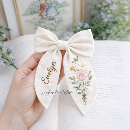 Personalized Linen Hair Bow – Hand Embroidered Flower Bow with Initial – Custom Name Text Bow for Girls, Handmade Hairpin Bow for Girl