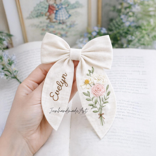 Personalized Linen Hair Bow – Hand Embroidered Flower Bow with Initial – Custom Name Text Bow for Girls, Handmade Hairpin Bow for Girl