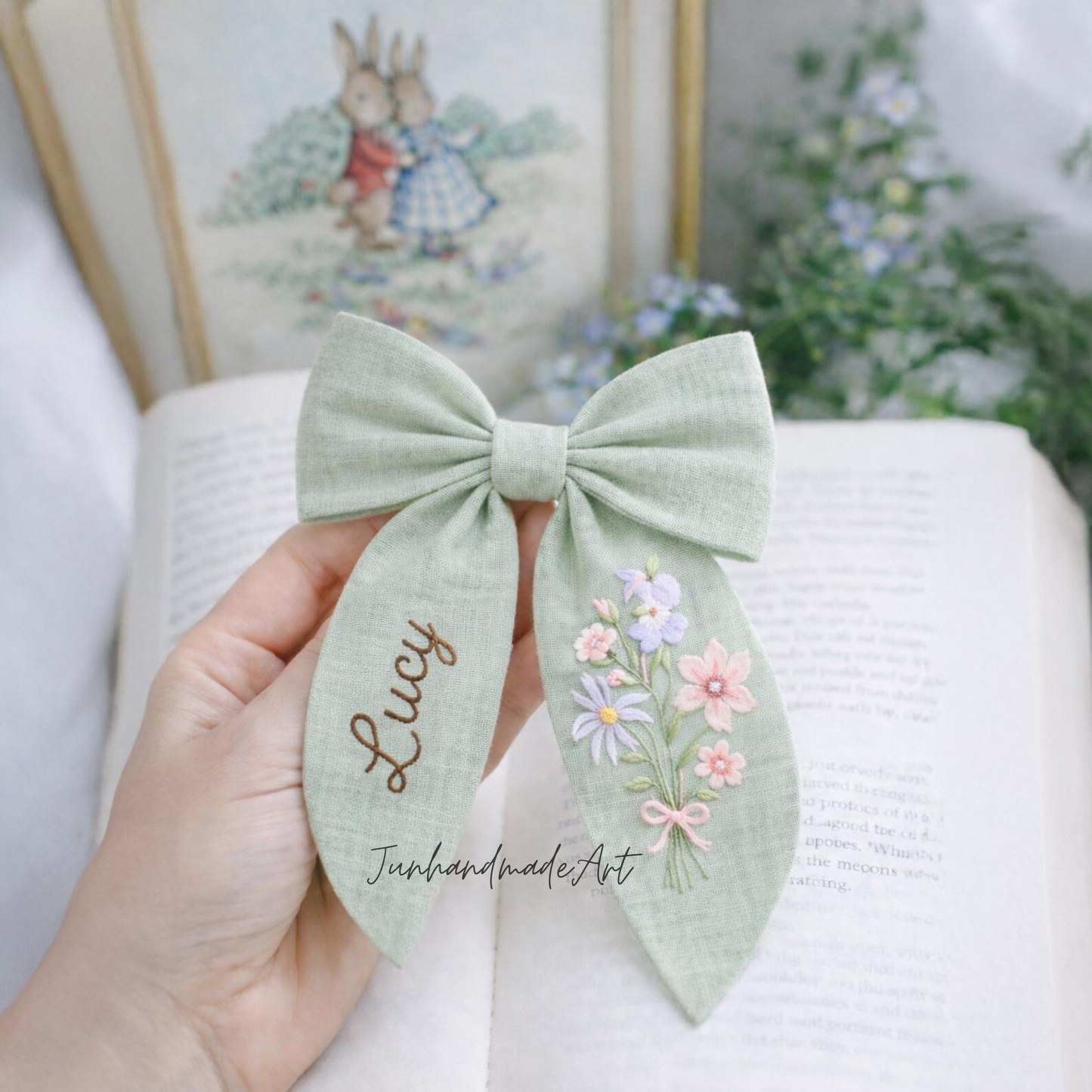 Personalized Linen Hair Bow – Hand Embroidered Flower Bow with Initial – Custom Name Text Bow for Girls, Handmade Hairpin Bow for Girl