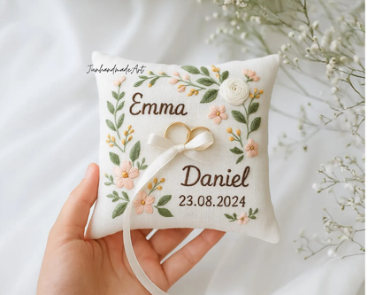 Personalized Embroidered Ring Bearer Pillow, Custom Linen Wedding Cushion, Hand Embroidery Ring Holder, Floral Ring Pillow, Wedding Gift