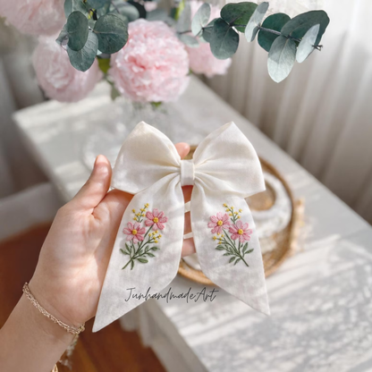 Personalized Linen Hair Bow – Hand Embroidered Flower Bow with Initial – Custom Name Text Bow for Girls, Handmade Hairpin Bow for Girl