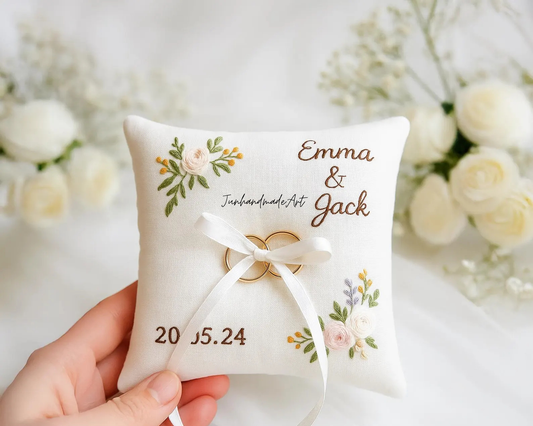 Personalized Embroidered Ring Bearer Pillow, Custom Linen Wedding Cushion, Hand Embroidery Ring Holder, Floral Ring Pillow, Wedding Gift