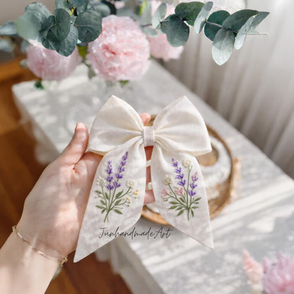 Personalized Linen Hair Bow – Hand Embroidered Flower Bow with Initial – Custom Name Text Bow for Girls, Handmade Hairpin Bow for Girl