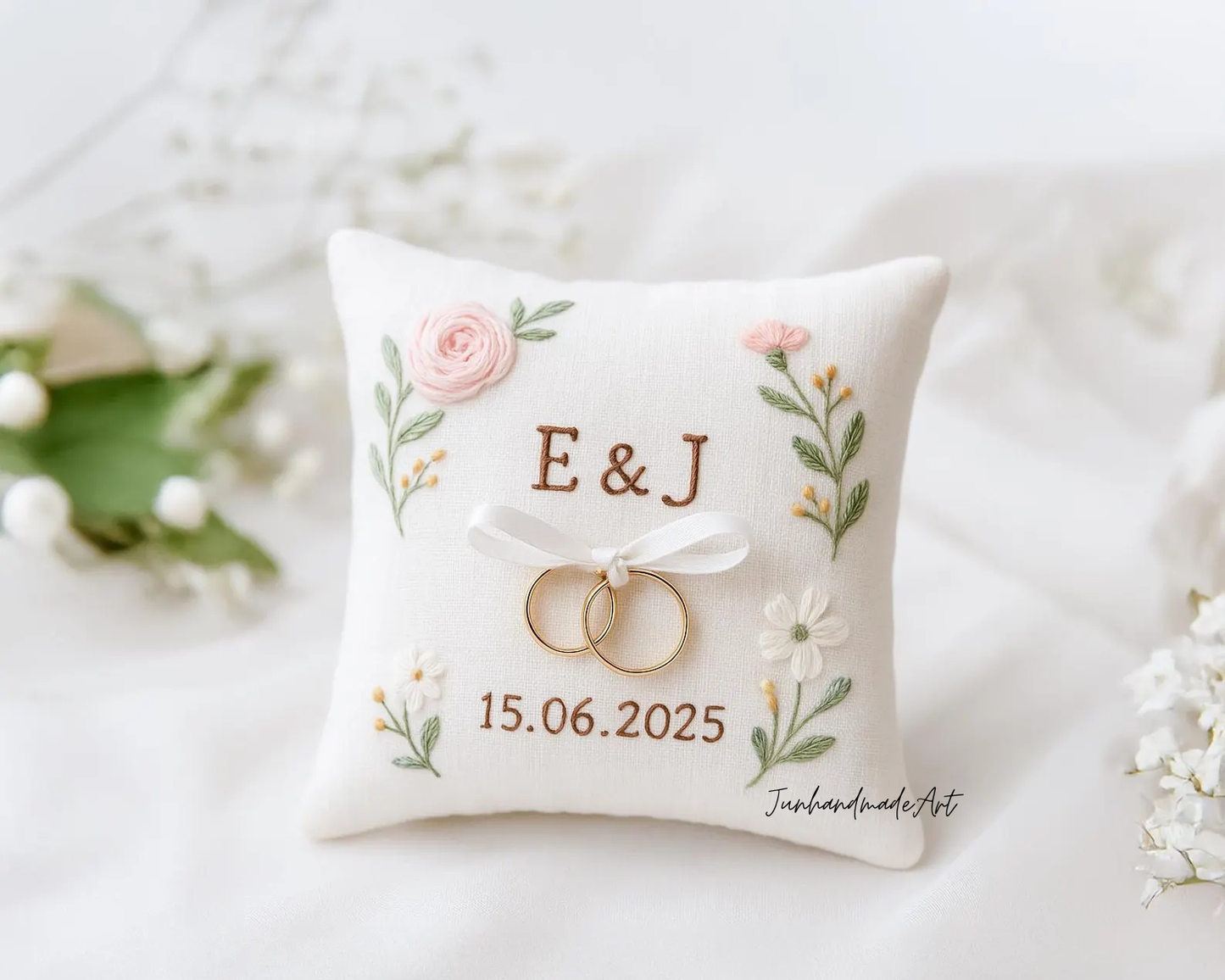 Personalized Embroidered Ring Bearer Pillow, Custom Linen Wedding Cushion, Hand Embroidery Ring Holder, Floral Ring Pillow, Wedding Gift