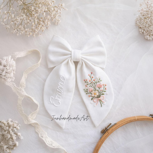 Personalized Linen Hair Bow – Hand Embroidered Flower Bow with Initial – Custom Name Text Bow for Girls, Handmade Hairpin Bow for Girl