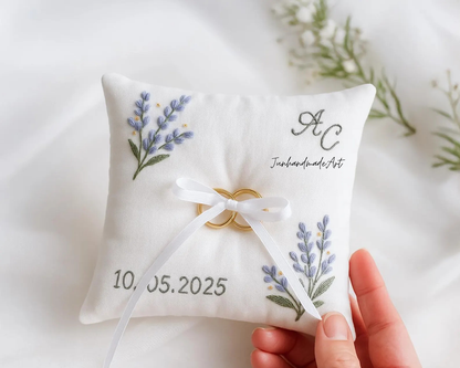 Personalized Embroidered Ring Bearer Pillow, Custom Linen Wedding Cushion, Hand Embroidery Ring Holder, Floral Ring Pillow, Wedding Gift