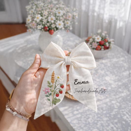 Personalized Linen Hair Bow – Hand Embroidered Flower Bow with Initial – Custom Name Text Bow for Girls, Handmade Hairpin Bow for Girl