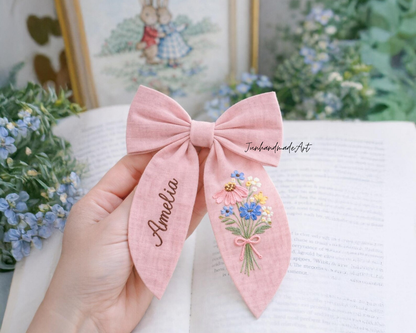 Personalized Linen Hair Bow – Hand Embroidered Flower Bow with Initial – Custom Name Text Bow for Girls, Handmade Hairpin Bow for Girl