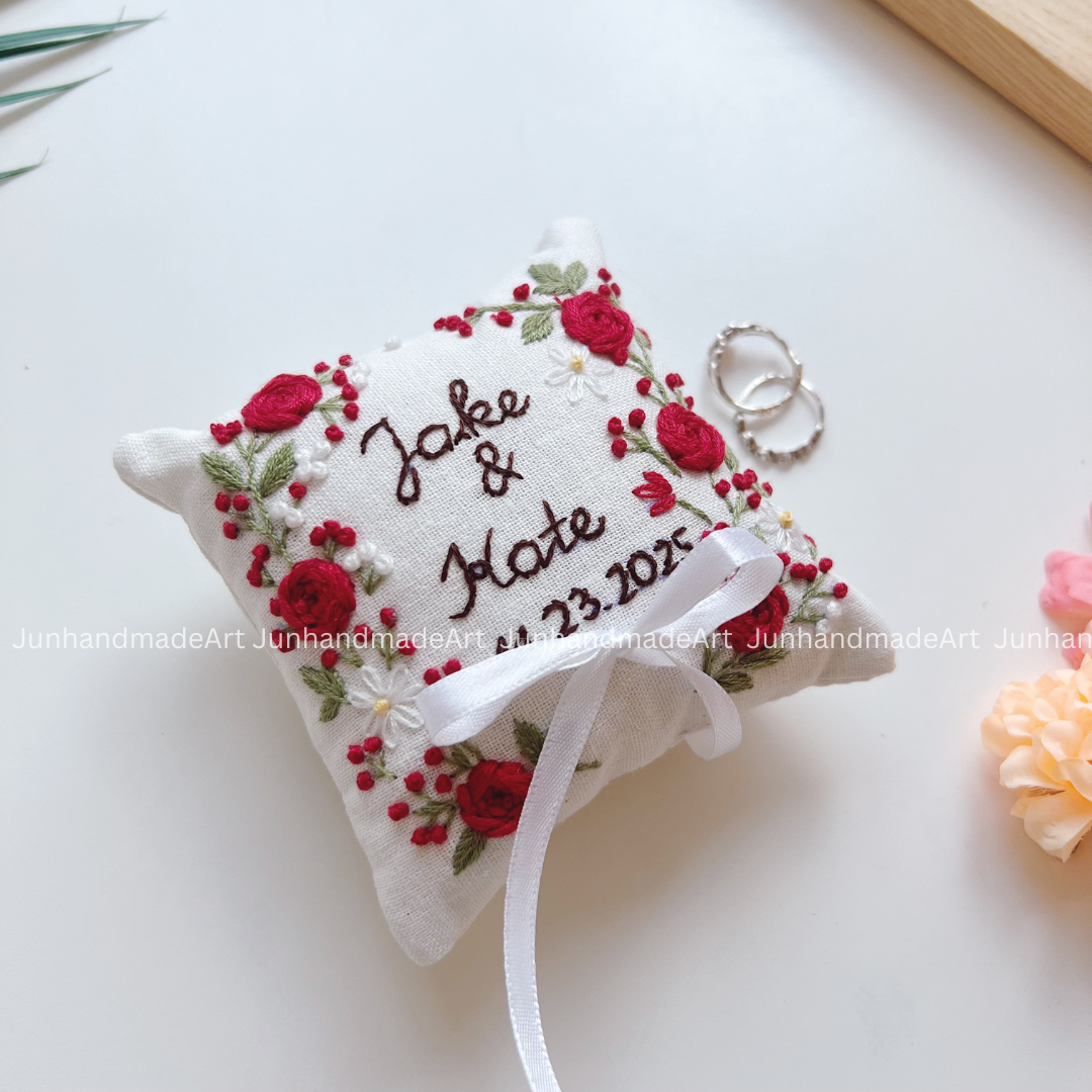 Red Roses Bearer Pillow Linen Wedding Cushion Hand Embroidery Ring Holder Floral Ring Pillow Wedding Gift