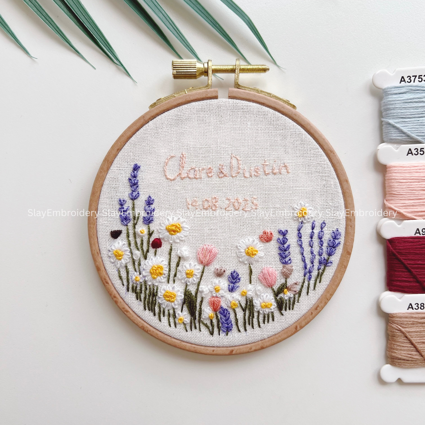 Custom Embroidered Lavenders & Daisies Wedding Hoop Custom Floral Wedding Hoops Wedding Gift