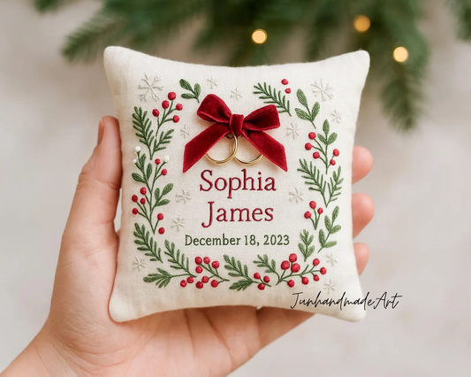 Personalized Embroidered Ring Bearer Pillow, Christmas Linen Wedding Cushion, Hand Embroidery Ring Holder Floral Ring Pillow, Christmas Gift