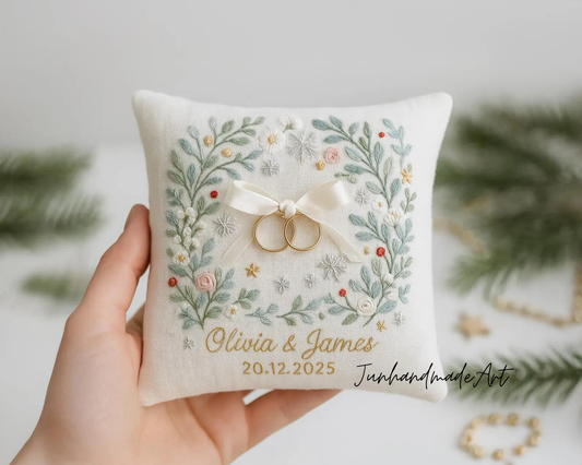 Personalized Embroidered Ring Bearer Pillow, Christmas Linen Wedding Cushion, Hand Embroidery Ring Holder Floral Ring Pillow, Christmas Gift