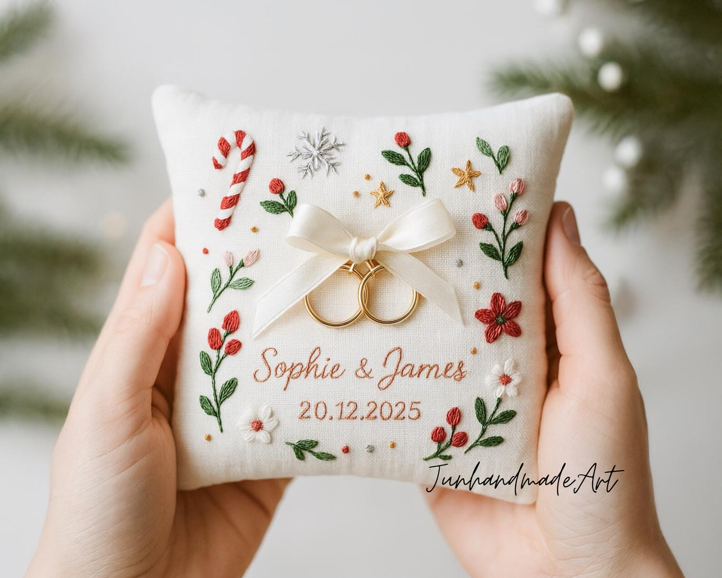 Personalized Embroidered Ring Bearer Pillow, Christmas Linen Wedding Cushion, Hand Embroidery Ring Holder Floral Ring Pillow, Christmas Gift