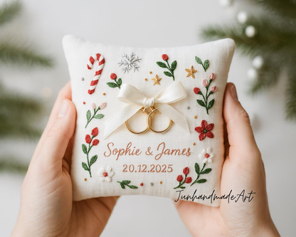 Personalized Embroidered Ring Bearer Pillow, Christmas Linen Wedding Cushion, Hand Embroidery Ring Holder Floral Ring Pillow, Christmas Gift