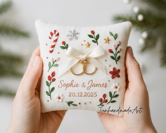 Personalized Embroidered Ring Bearer Pillow, Christmas Linen Wedding Cushion, Hand Embroidery Ring Holder Floral Ring Pillow, Christmas Gift