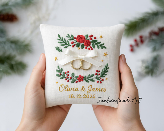 Personalized Embroidered Ring Bearer Pillow, Christmas Linen Wedding Cushion, Hand Embroidery Ring Holder Floral Ring Pillow, Christmas Gift