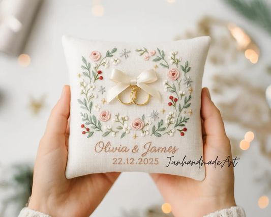 Personalized Embroidered Ring Bearer Pillow, Christmas Linen Wedding Cushion, Hand Embroidery Ring Holder Floral Ring Pillow, Christmas Gift