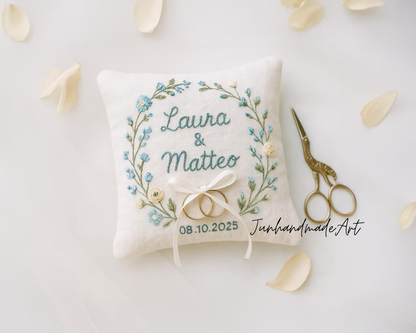 Personalized Embroidered Linen Ring Bearer Pillow: Floral Wedding Keepsake