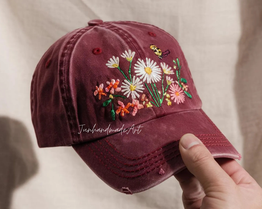 Embroidered Flower Hat – Vintage Washed Baseball Cap, Floral Cotton Hat, Soft Aesthetic Gift for Her