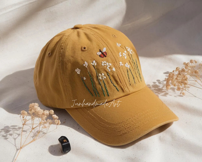 Embroidered Flower Hat – Vintage Washed Baseball Cap, Floral Cotton Hat, Soft Aesthetic Gift for Her