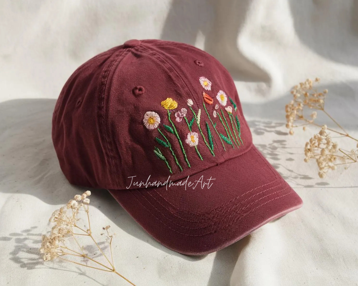 Embroidered Flower Hat – Vintage Washed Baseball Cap, Floral Cotton Hat, Soft Aesthetic Gift for Her
