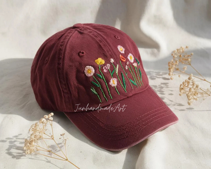 Embroidered Flower Hat – Vintage Washed Baseball Cap, Floral Cotton Hat, Soft Aesthetic Gift for Her