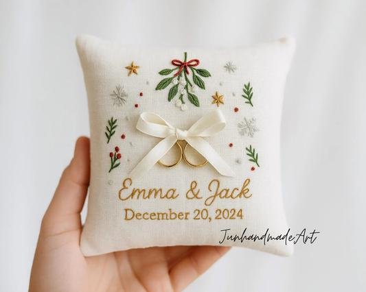 Personalized Embroidered Ring Bearer Pillow, Christmas Linen Wedding Cushion, Hand Embroidery Ring Holder Floral Ring Pillow, Christmas Gift