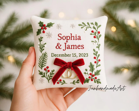 Personalized Embroidered Ring Bearer Pillow, Christmas Linen Wedding Cushion, Hand Embroidery Ring Holder Floral Ring Pillow, Christmas Gift