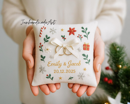 Personalized Embroidered Ring Bearer Pillow, Christmas Linen Wedding Cushion, Hand Embroidery Ring Holder Floral Ring Pillow, Christmas Gift