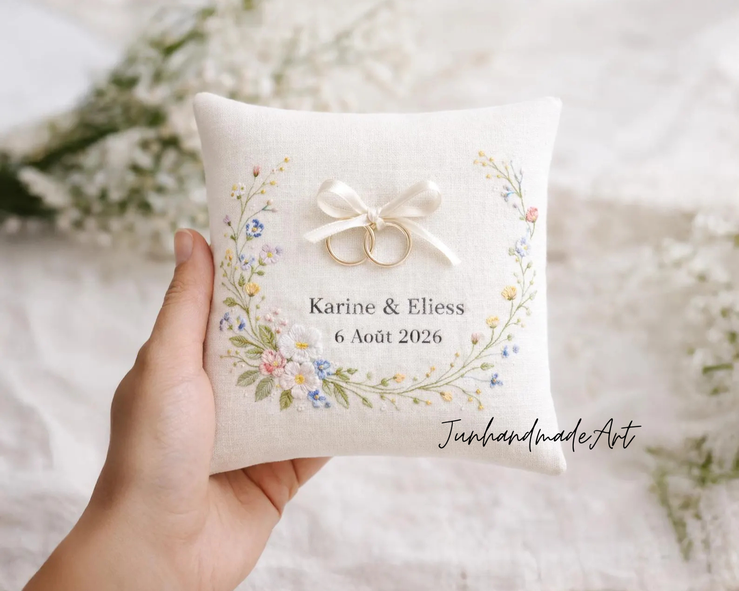 Personalized Embroidered Ring Bearer Pillow, Custom Linen Wedding Cushion, Hand Embroidery Ring Holder, Floral Ring Pillow, Wedding Gift