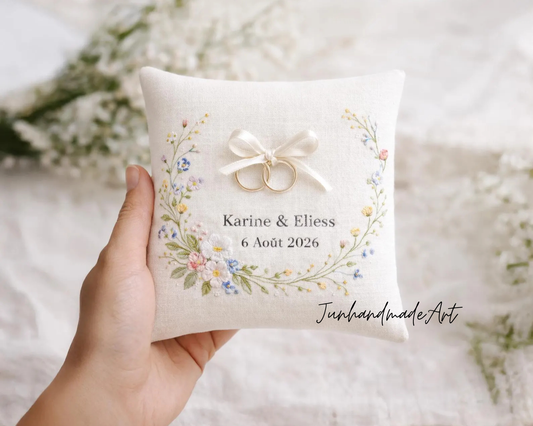 Personalized Embroidered Ring Bearer Pillow, Custom Linen Wedding Cushion, Hand Embroidery Ring Holder, Floral Ring Pillow, Wedding Gift