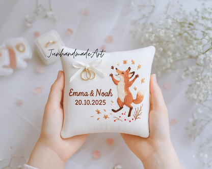 Personalized Embroidered Ring Bearer Pillow, Autumn Fox Linen Wedding Gift, Hand Embroidery Ring Holder Fox Woodland Pillow, Custom Name